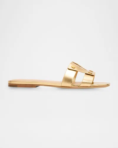 Veronica Beard Via Metallic Leather Flat Slide Sandals In Gold