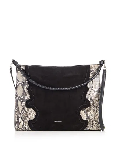 Veronica Beard Vida Suede & Snake Embossed Leather Shoulder Bag In Black