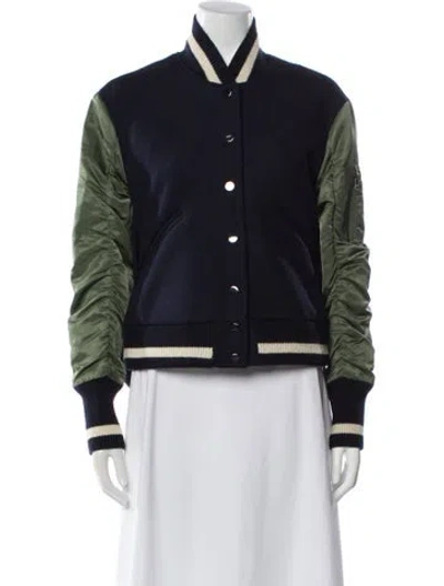 Pre-owned Veronica Beard Virgin Wool Colorblock Pattern Bomber Jacket In Blue