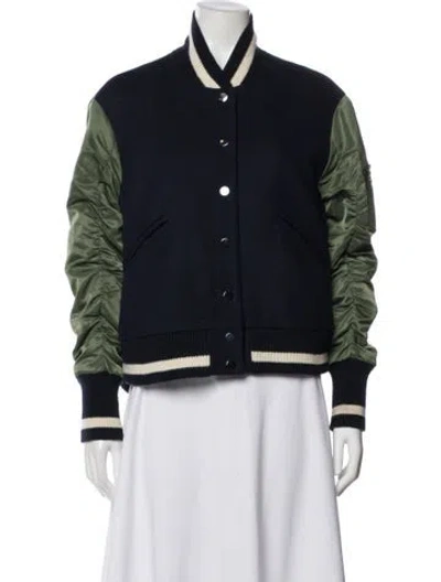 Pre-owned Veronica Beard Virgin Wool Colorblock Pattern Bomber Jacket In Blue