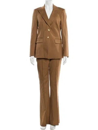 Pre-owned Veronica Beard Virgin Wool Leather Trim Embellishment Pantsuit In Brown