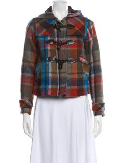 Pre-owned Veronica Beard Virgin Wool Plaid Print Biker Jacket In Brown