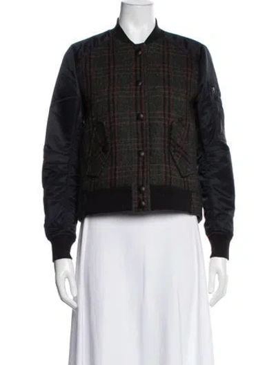 Pre-owned Veronica Beard Virgin Wool Plaid Print Bomber Jacket In Black