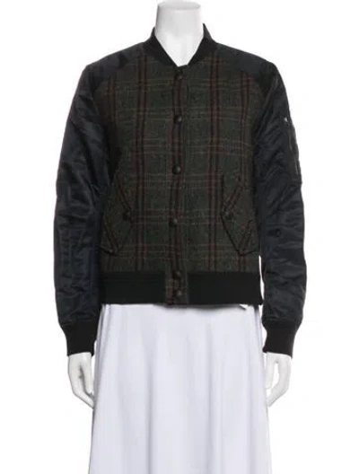 Pre-owned Veronica Beard Virgin Wool Plaid Print Bomber Jacket In Green