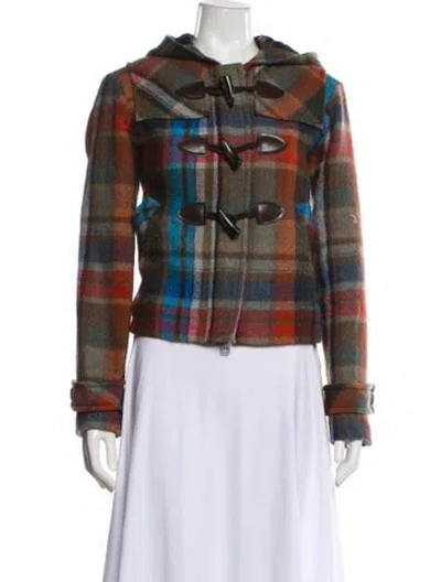 Pre-owned Veronica Beard Virgin Wool Plaid Print Jacket In Brown