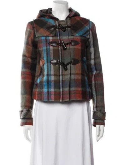 Pre-owned Veronica Beard Virgin Wool Plaid Print Jacket In Brown