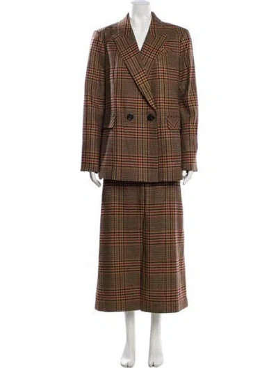 Pre-owned Veronica Beard Virgin Wool Plaid Print Skirt Suit In Brown