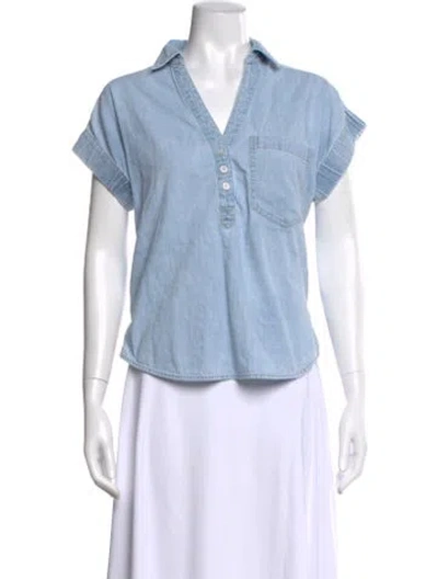 Pre-owned Veronica Beard V-neck Short Sleeve Button-up Top In Blue
