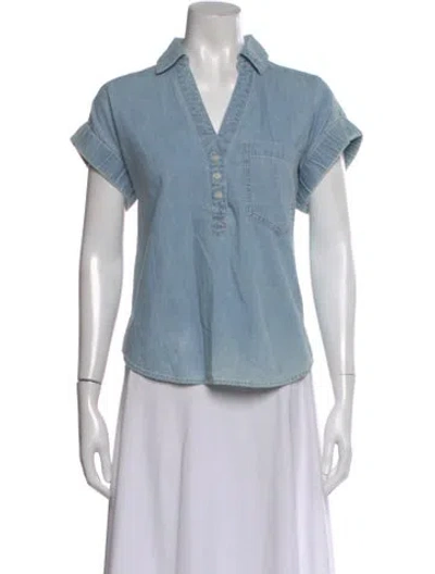 Pre-owned Veronica Beard V-neck Short Sleeve Button-up Top In Blue