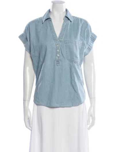 Pre-owned Veronica Beard V-neck Short Sleeve Button-up Top In Blue
