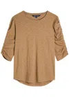 Veronica Beard Waldorf Ruched Sleeve Cotton Slub Top In Brown