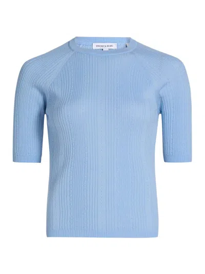 Veronica Beard Brielle Short-sleeve Pointelle Wool Sweater In Blue