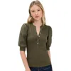 Veronica Beard Coralee Puff Sleeve Mixed Media Henley Top In Green
