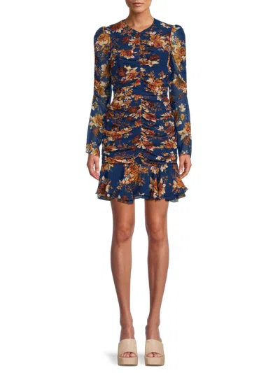 Veronica Beard Hedera Ruched Floral-print Silk-chiffon Mini Dress In Electric Blue