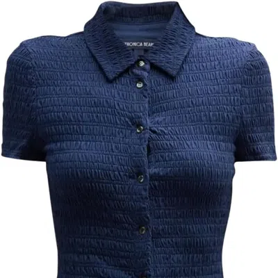 Veronica Beard Women Henri Blue Smocked Short Sleeve Top