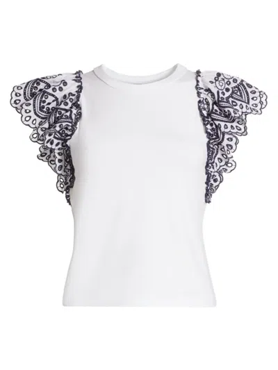 Veronica Beard Women's Julianka Cotton Embroidered Flutter-sleeve Top In Whitenavy