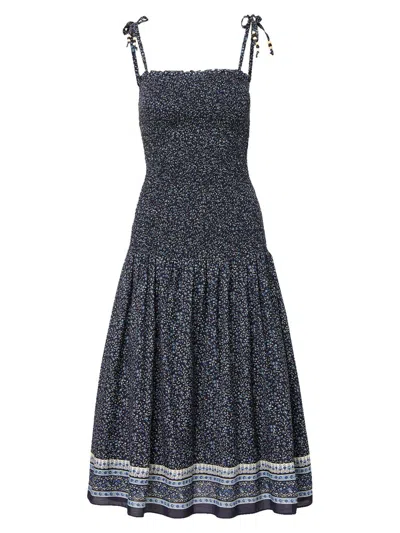 Veronica Beard Mariette Smocked Drop Waist Cotton Blend Sundress In Gray