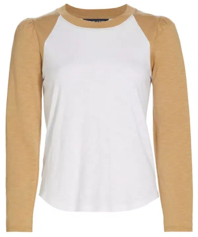 Veronica Beard Women Mason Crew Neck Cotton Baseball Tee White Khaki