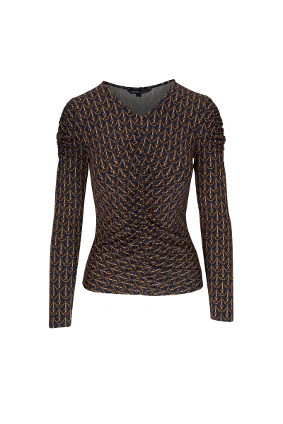 VERONICA BEARD WOMEN NEETA RUCHED V-NECK LONG SLEEVE TOP NAVY MULTI