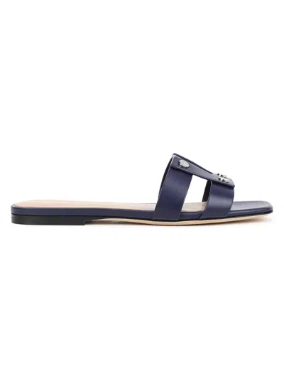 Veronica Beard Via Leather Flat Slide Sandals In Blue