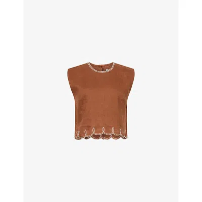 Veronica Beard Womens Deep Ochre Kessan Embroidered Linen Top In Brown