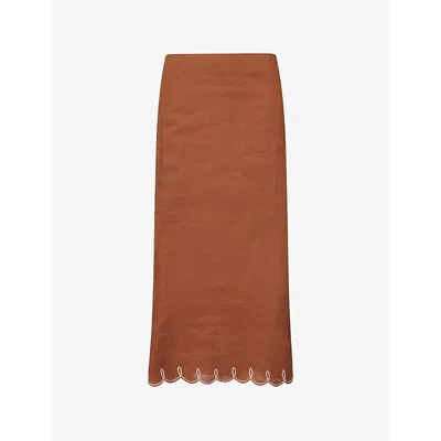 Veronica Beard Womens Deep Ochre Malou Embroidered Linen Midi Skirt In Multi
