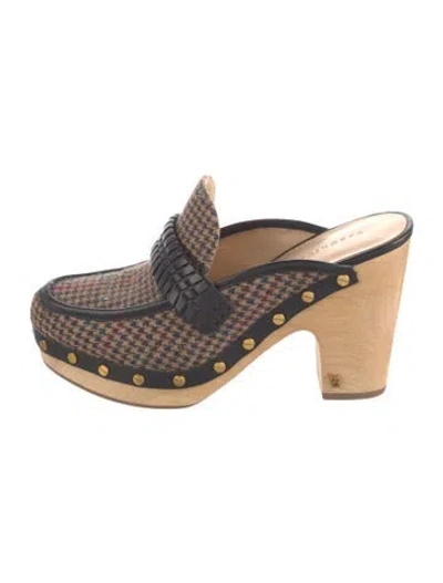 Pre-owned Veronica Beard Wool Houndstooth Print Mules In Brown
