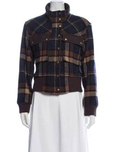 Pre-owned Veronica Beard Wool Plaid Print Bomber Jacket In Blue