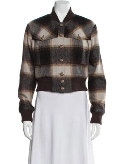 Pre-owned Veronica Beard Wool Plaid Print Bomber Jacket In Brown