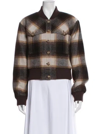 Pre-owned Veronica Beard Wool Plaid Print Bomber Jacket In Brown
