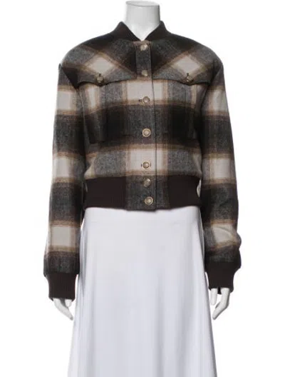 Pre-owned Veronica Beard Wool Plaid Print Bomber Jacket In Brown