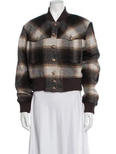 Pre-owned Veronica Beard Wool Plaid Print Bomber Jacket In Brown