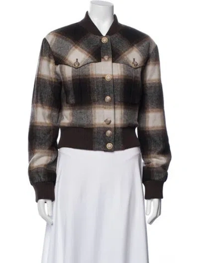 Pre-owned Veronica Beard Wool Plaid Print Bomber Jacket W/ Tags In Brown