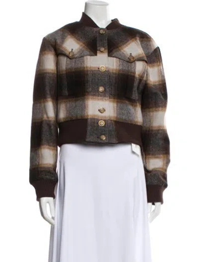 Pre-owned Veronica Beard Wool Plaid Print Faux Fur Jacket In Brown