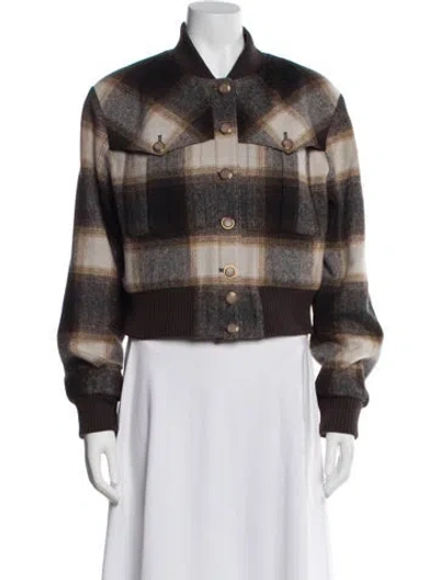 Pre-owned Veronica Beard Wool Plaid Print Faux Fur Jacket In Brown