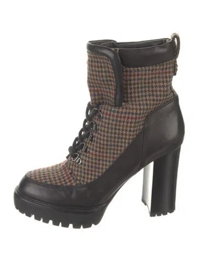 Pre-owned Veronica Beard Wool Tweed Pattern Lace-up Boots In Brown