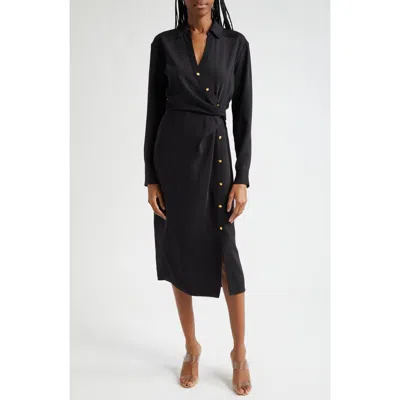 Veronica Beard Wright Asymmetric Button Long Sleeve Shirtdress In Black