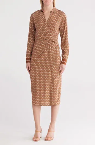 Veronica Beard Wright Long Sleeve Stretch Silk Midi Shirtdress In Brown