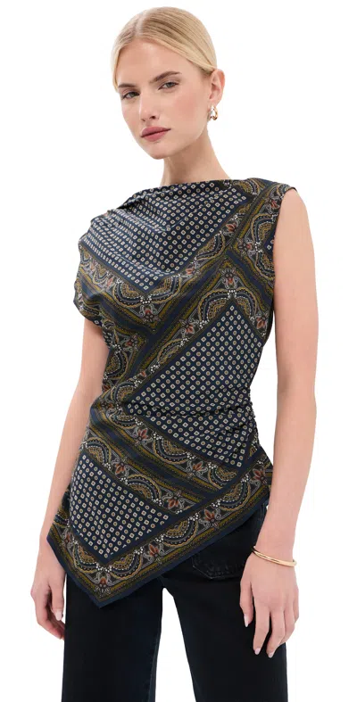 Veronica Beard Yvonne Asymmetrical Scarf Top New Navy Multi