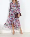 Veronica M Cassandra Chiffon Ruffle Wrap Dress In Pink/purple Floral