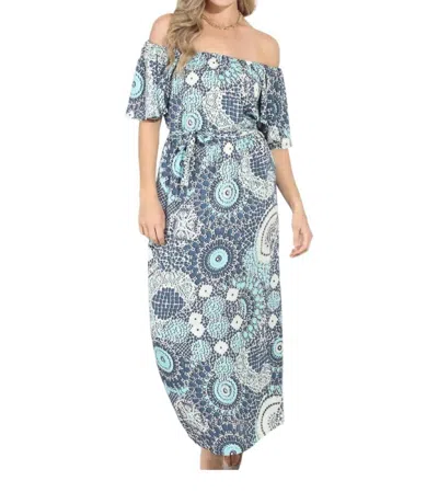 Veronica M Flair Sleeve Off Shoulder Belted Dress In Aura Print In Blue