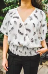 Veronica M Kimora Flutter Sleeve Faux Wrap Blouse In Ivory Feather Print In Multi