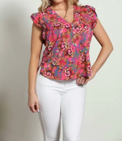 Veronica M V-neck Button Ruffle Top In Phyllis In Multi