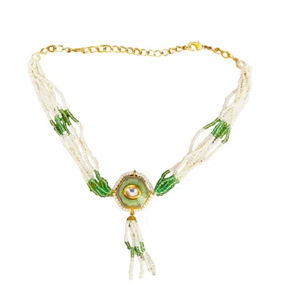 Veronica Tharmalingam Women's Gold / Green / White Django Adjustable Choker White Mint Green Enamel Painted