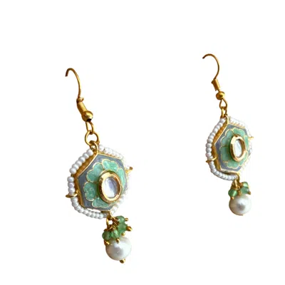 Veronica Tharmalingam Women's Gold / White / Green Gypsy Earrings With Enamel Mint Green Painted