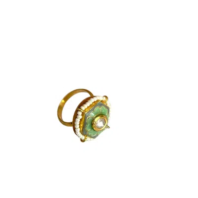 Veronica Tharmalingam Women's Green / White / Gold Daphne Adjustable Ring Painted Enamel Mint Green Detail