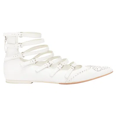 Pre-owned Veronique Branquinho White Leather Silver Studded Wingtip Strappy Flats Eu37.5