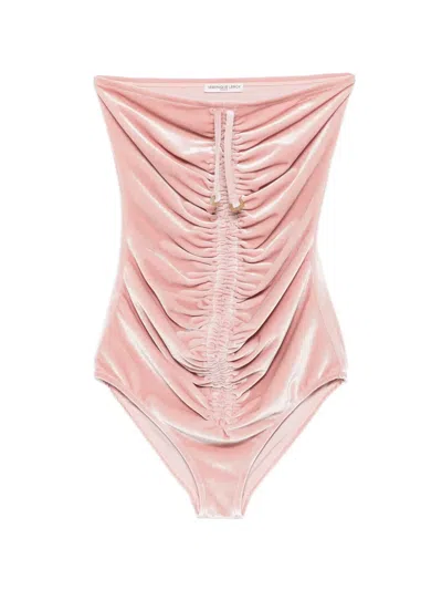 Veronique Leroy Ruched Velvet Bodysuit In Pink