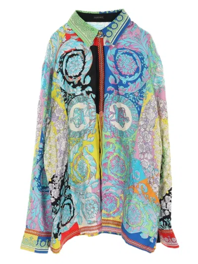 Pre-owned Versace 10's Printed Silk Blouse In Blue