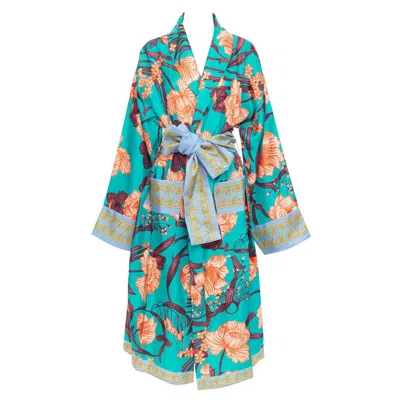 Pre-owned Versace 100% Silk Baroque Art Deco Green Orange Floral Medusa Print Robe Gown L